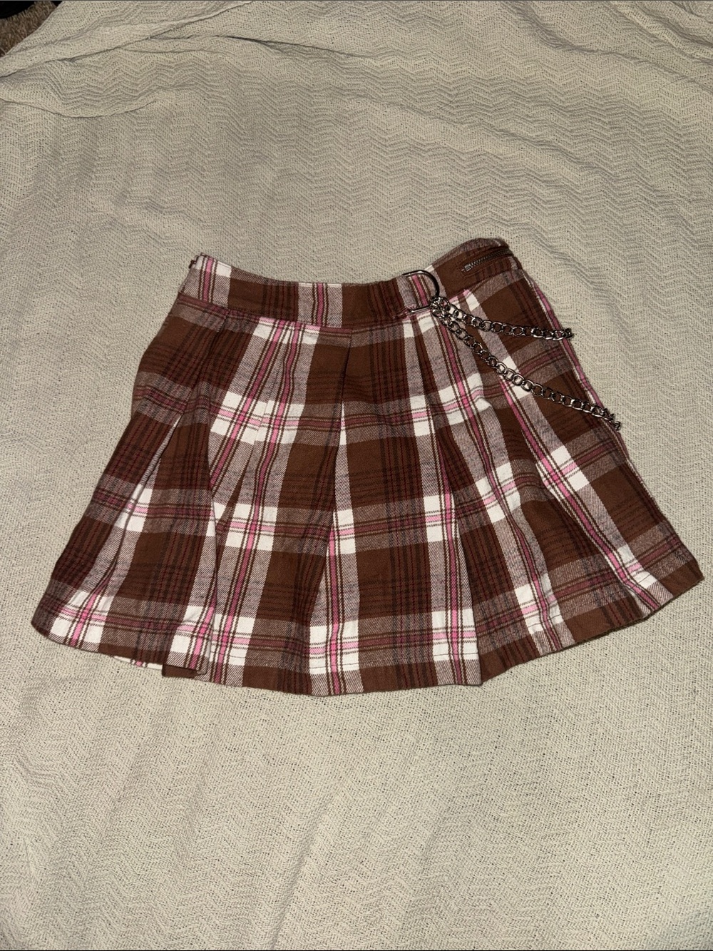 Brown Plaid Pleated Skirt with Chain Accent